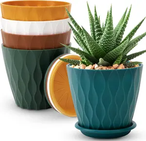 6 inch Plant Pots, 5 Pack Flower Pots Outdoor Indoor, Planters with Drainage Hole and Tray Saucer