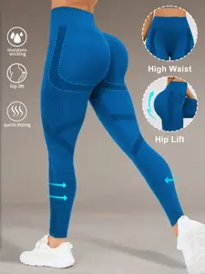 Women's Seamless Sporty Yoga Leggings Pants, High Waist Elastic Waist, All Seasons, Plain Design, Tight-Fitting Long Pants, 1 Piece Set