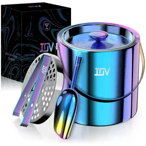 IOV Ice Bucket with Lid, Scoop, Tongs, and Strainer, 3L Stainless Steel Double Wall Insulated Ice Bucket for Parties, Keeps Ice Frozen Longer, Ideal for Cocktail Bars, Freezers, and Wine Utensils Rainbow