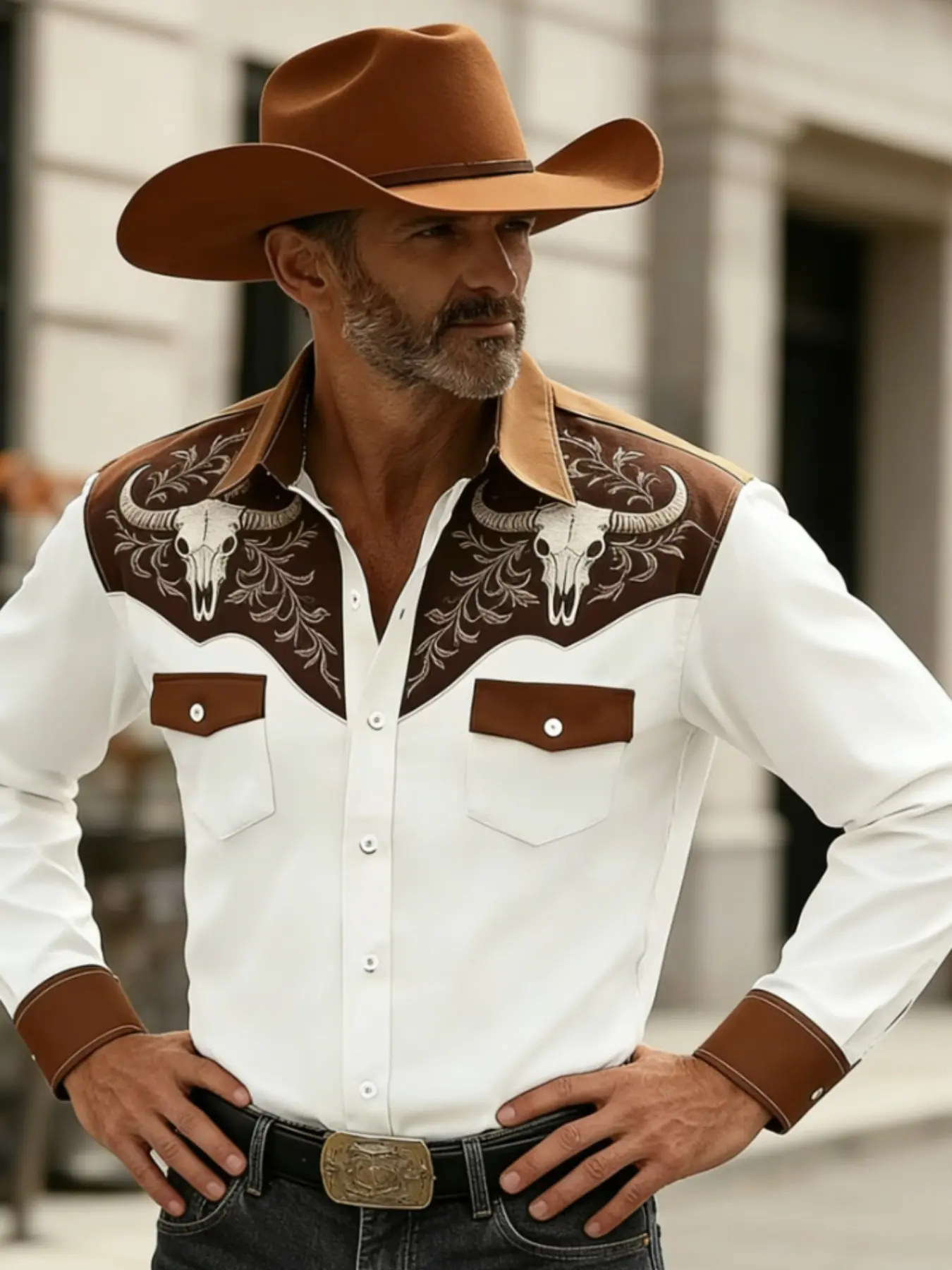 Men's Western Cowboy Skull Print Casual Party Shirt, Vintage Denim Style Long Sleeve Top, High Street Ethnic Pattern, Casual Fitted Blouse, All Seasons
