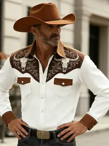 Men's Western Skull Print Shirt, Vintage Denim Style Long Sleeve Top, High Street Ethnic Pattern, Casual Fitted Blouse, All Seasons