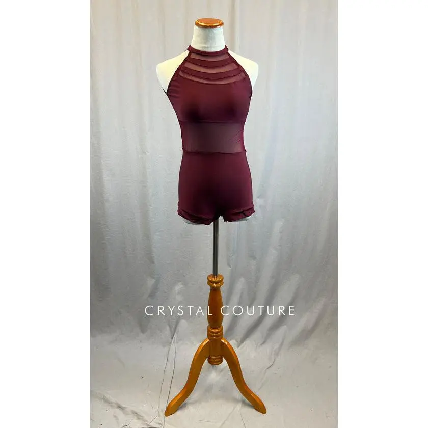 Custom Maroon Leotard with High Neck with Mesh Inserts