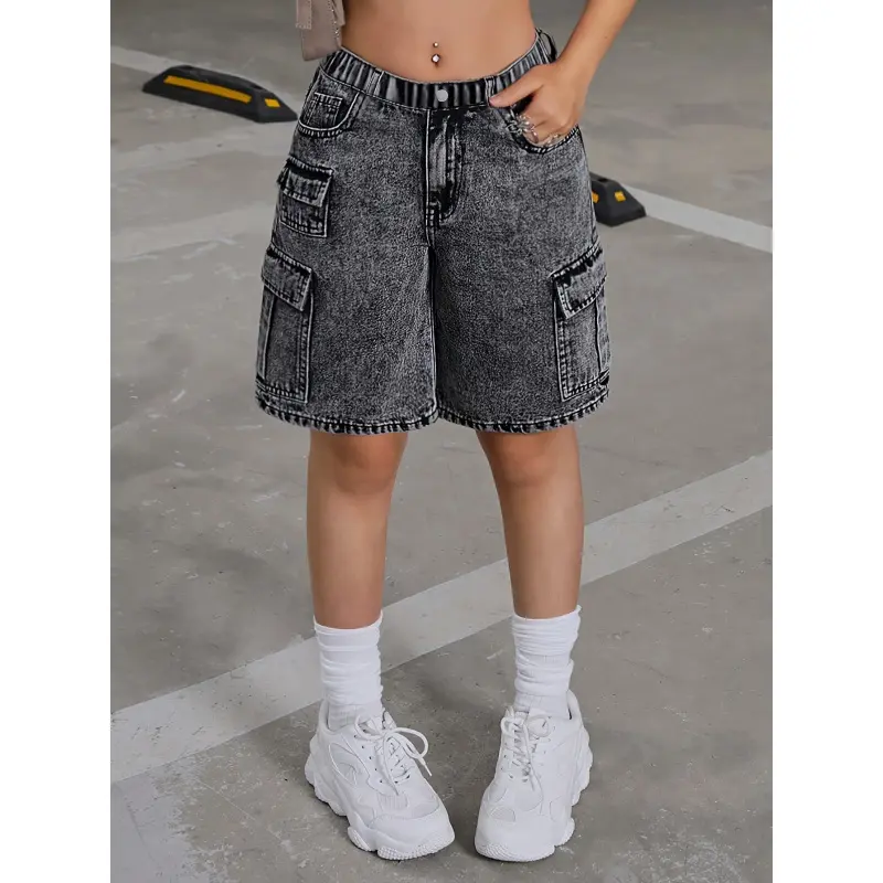 Girls' Basic Loose-Fitting Denim Cargo Bottoms - Flap Pockets, Elastic Waist, Soft Comfortable Fabric, All-Season, Ideal for Back-to-School & Outdoor Street Style