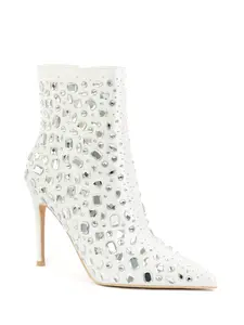 SUE-38 Womens Heel Boots Rhinestone Embellished Pointed Closed Toe With Side Zipper