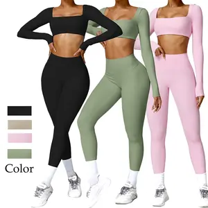 Women's 2 Piece Sportswear Set High Waist Flared Leggings & Twist Front Long Sleeve Crop Tops Athletic Wear for Gym Running Yoga