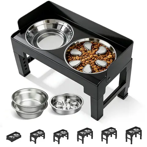 Elevated Dog Bowls Set with Splash Guard Feeding Tray, Anti-Choke & Bloat Slow Feeder, Foldable Tiltable Stand, 6-Height Adjustable (3.1"-11.8") for Joint Protection, 2 Stainless Steel Bowls for Medium/Large Dogs