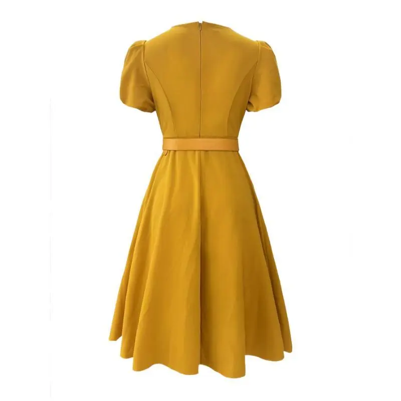 Beautiful women's clothing Elegant Mustard Yellow A-Line Dress with Pockets - Short Sleeve, Round Neck, Non- Beautiful women's clothing Elegant Mustard Yellow A-Line Dress with Pockets - Short Sleeve, Round Neck, Non-