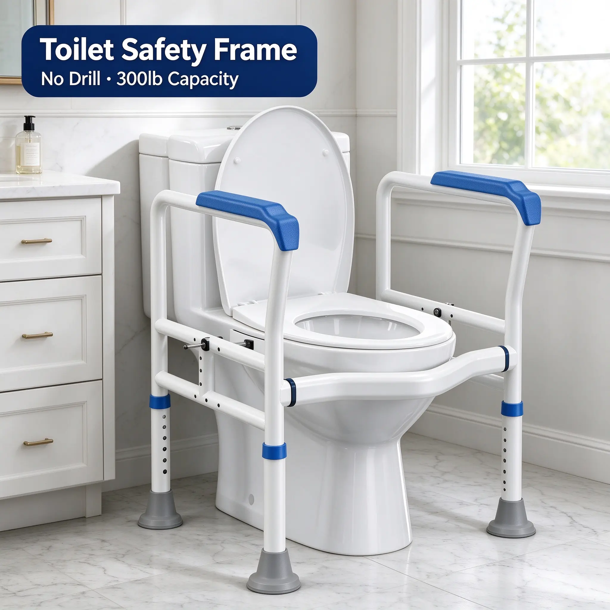 Toilet Safety Grab Bar - No-Drill Adjustable Height & Width Support Bracket, 330lbs Capacity, Fits Most Models, Designed for Seniors & Mobility-Impaired Individuals