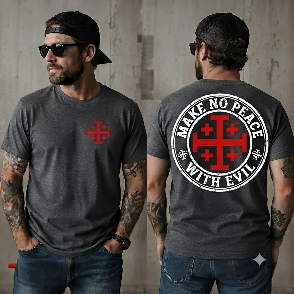Knight Templar T-Shirt, Make No Peace With Evil Graphic Tee, Medieval Warrior Cross Shirt, Vintage Crusader History Lover Gift for Men