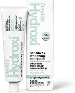 Davids Hydroxi Fluoride Free Nano Hydroxyapatite Toothpaste for Remineralizing, Sensitive Support, Whitening, Antiplaque, SLS Free, Natural Peppermint, 4oz, Made in USA