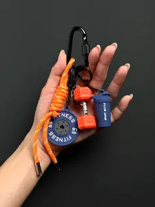 Fitness-Style Mini Dumbbell And Barbell Keychain With Trendy Color-Block Design, Includes Sports Water Bottle Detail. Can Hang On Bags Or Keys, Perfect For Everyday Streetwear Or Gym Outfits, Portable Accessory.