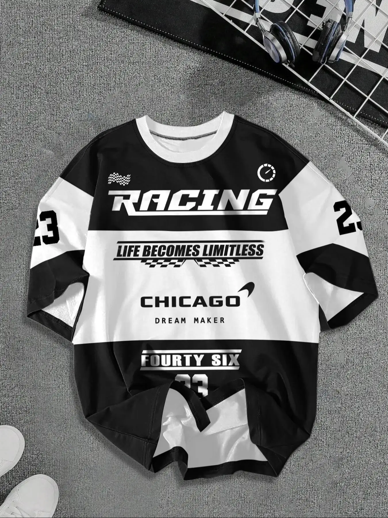 Men's Colorblock Letter Print Drop Shoulder Tee, Casual Soft Comfy Regular Fit Half Sleeve Round Neck T-Shirt for Summer, National Day Clothing, Fashi