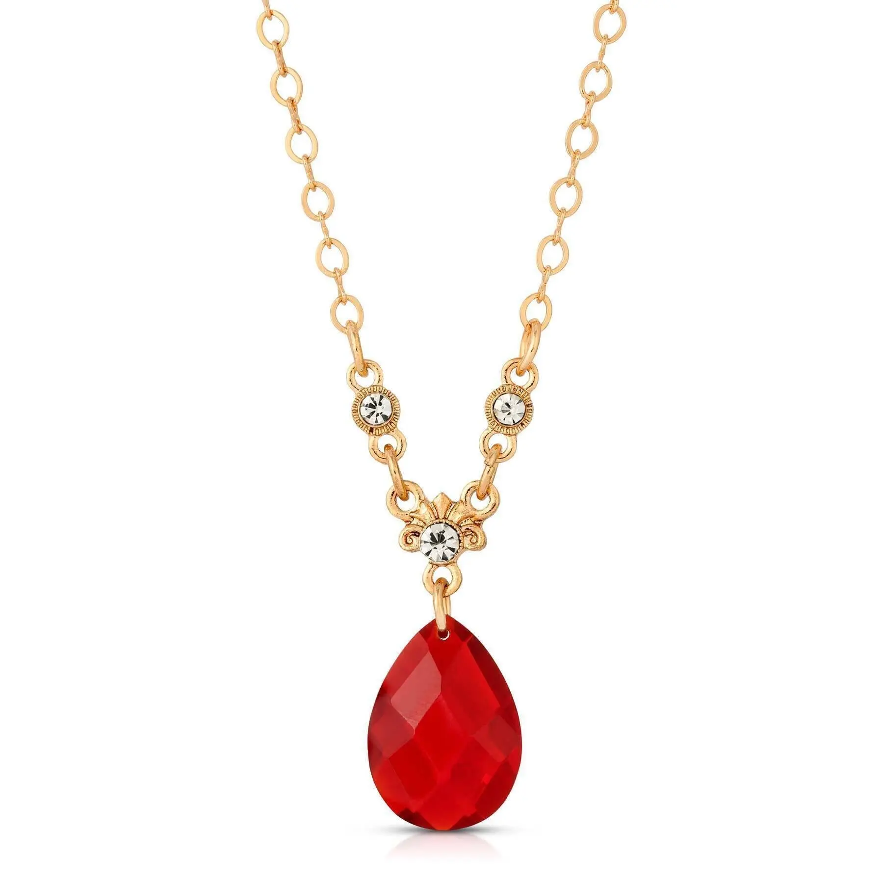 Siam Red Teardrop Stone Pendant Necklace 16" + 3" Extender