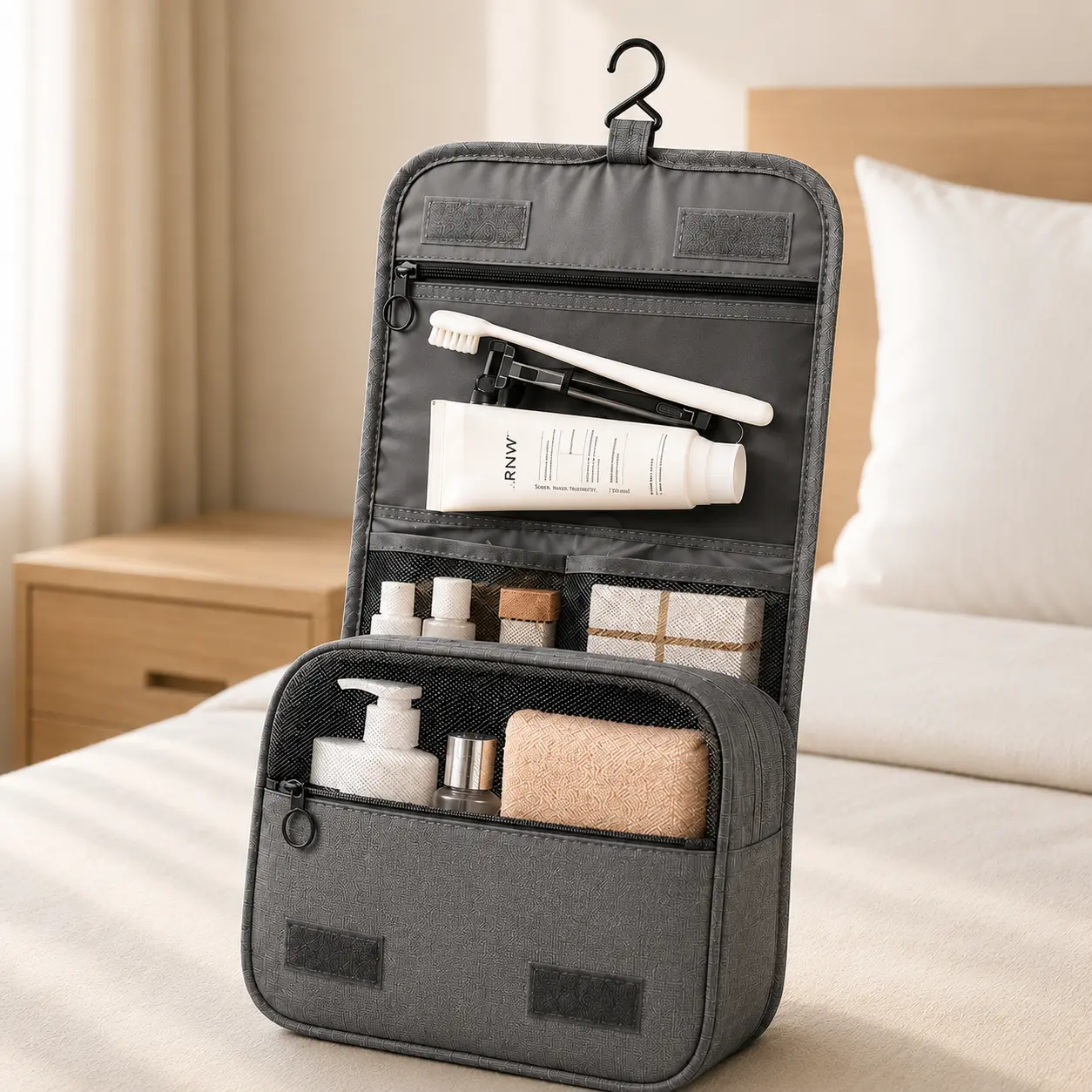 Large Capacity Hanging Toiletry Bag, Travel Organizer Bag with Multiple Compartments and Hook, Water Resistant Bathroom Storage Bag for Shampoo, Conditioner, Makeup, Skincare and Toiletries, Foldable Portable Travel Bag for Women Men Hangable