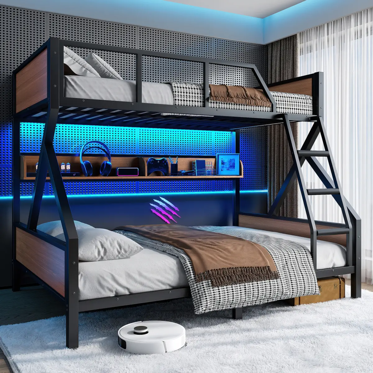 Full XL/Queen or Full+Storage Board/Queen Bunk Bed for Kids, Heavy-Duty Metal Bunk Bed with Storage Shelves and Lights, Space-saving & Noise-free, Black
