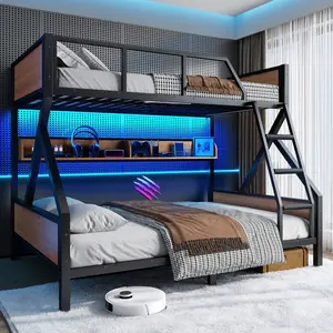 Full XL/Queen or Full+Storage Board/Queen Bunk Bed for Kids, Heavy-Duty Metal Bunk Bed with Storage Shelves and Lights, Space-saving & Noise-free, Black
