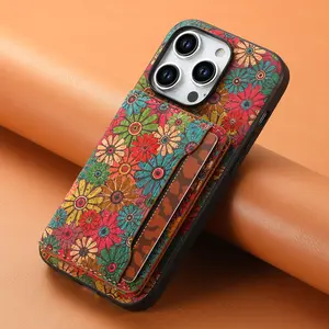 DENIOR Wallet Case For iPhone 17 16 15 14 13 12 Pro Max Plus With Glue Card Holder, Fashion Design Flower Pattern, Wooden material, Foldable Wallet, With 3 Card Slots Can insert 3-5 Cards, Shockproof Cover