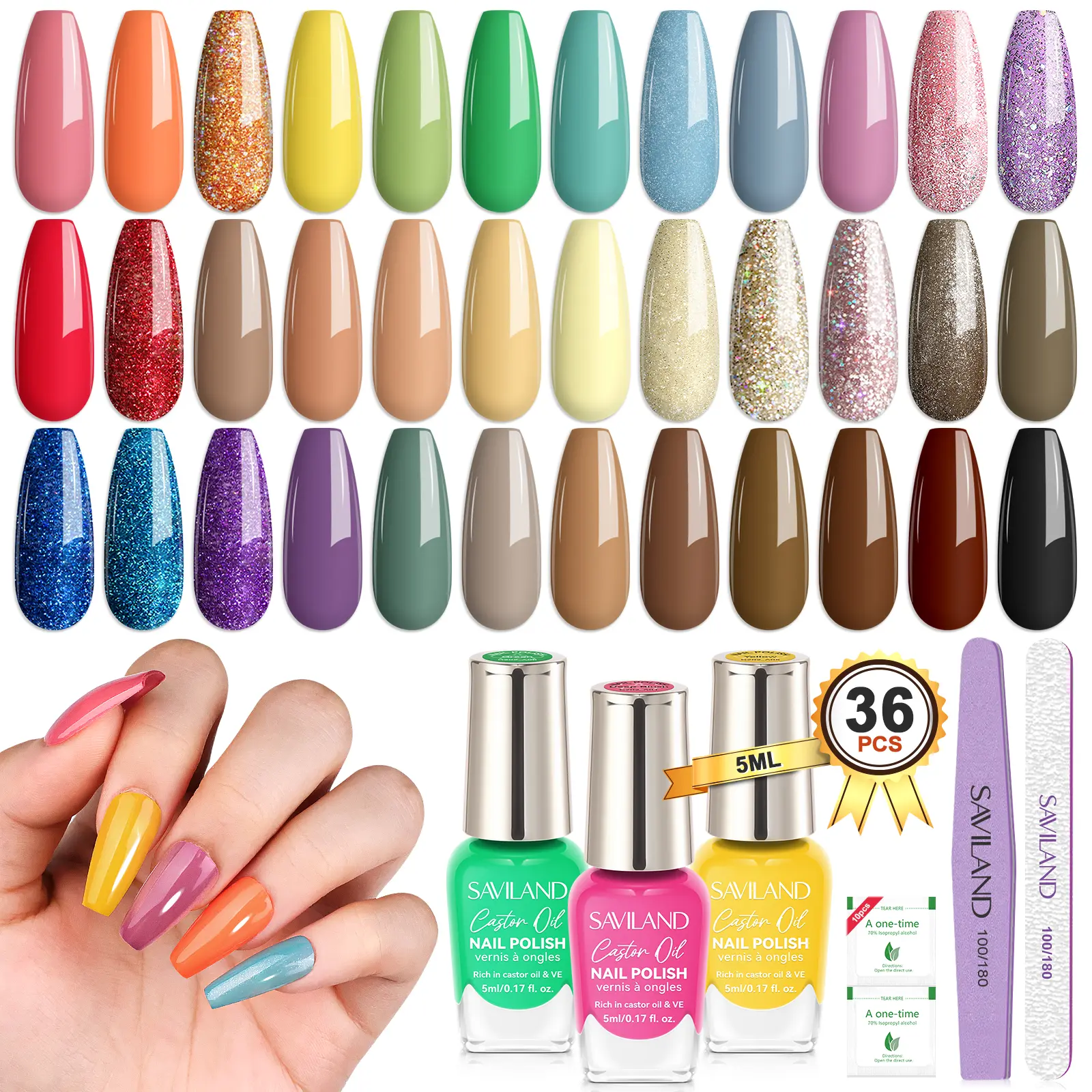 SAVILAND 39pcs Fingernail Nail Polish Set Quick-Dry: 36Colors Lockes X Tech Regular Nail Polish Kit Plant-base Castor Oil Vitamin E Toe Polish with Top Base Polish Coat Gift Set for Women