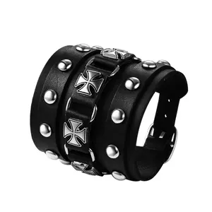 OIDEA Wide Leather Cuff Bracelet for Men, Cross Skull Braided Studded Wrap Bracelet, Adjustable Punk Gothic Biker Wristband Gift