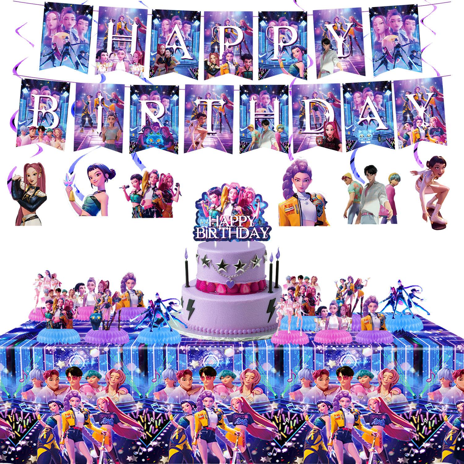 For K Pop Demon Hunters Party Supplies,62 PCS Birthday Decorations Set Include Banner,Balloons,Hanging Swirls,Cake Cupcake Toppers for Boys Girls Hunters Theme Party