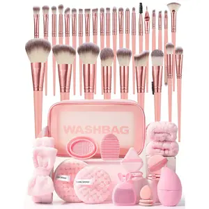 49PCS All-In-One Travel Essential:30 Makeup Brushes,Waterproof Large-Capacity Zippered Cosmetic Bag (For Cosmetics & Tools) ,2 Anti-Mess Terry Cloth Face Wrist Bands + 1 Soft Terry Cloth Makeup Headband – Ideal For Daily Makeup, Beach Vacation&Gift-Givin,