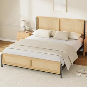 Garvee Natural Rattan Bed Frames in Full, Queen, and King Sizes Featuring Rattan Headboards and Footboards, Boho Style Wooden and Metal Platform Beds, Noise-Free, No Box Spring Needed, Easy Assembly