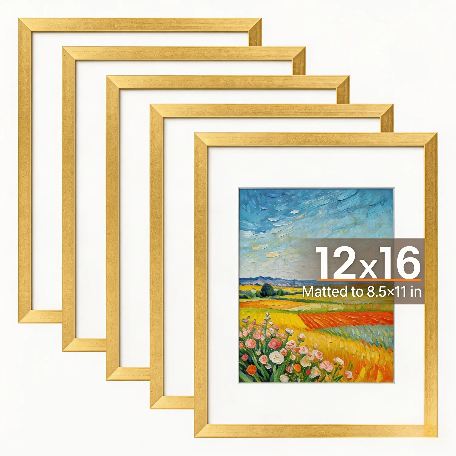 12x16 Picture Frame Set of 5, Display Pictures 8.5x11 with Mat or 12x16 Without Mat, Wall Gallery Photo Frames, 8×12/12×16 Inch, Golden