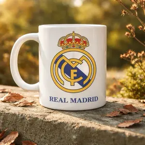 Real Madrid Official Cup - White Ceramic Mug with Team Logo and Text, Perfect for Fans