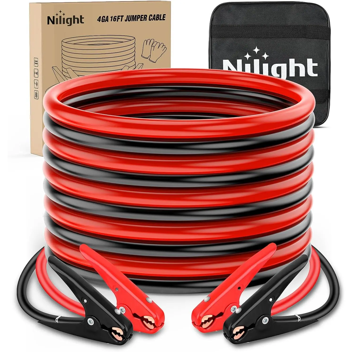 Nilight Heavy Duty Jumper Cable Kit - 4 Gauge 25 FT Tangle-Free PVC Emergency Boost Leads, 600A Peak High Power, Spring-Grip Teeth Clamps, Gloves & Storage Bag Included, for Car Battery Repair on Pickup Trucks