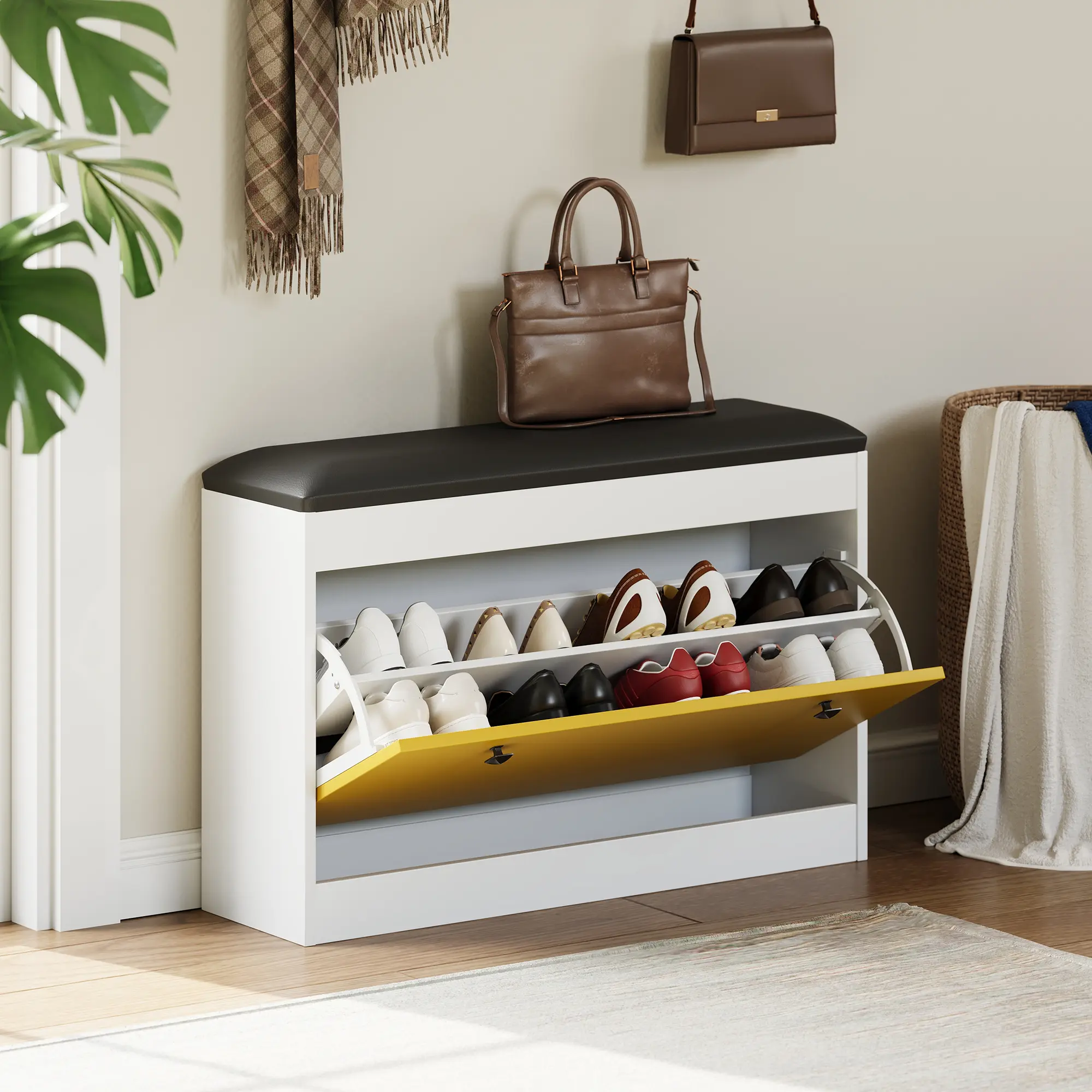 Gaomon 31.5-Inch White Modern Shoe Bench with Soft PU Cushion, Flip Hidden Drawer, 31.49" x 9.44" x 21.65" Size, High-Density Foam Comfortable Seat, Compact Spaces Organizer for Hallway, Bedroom (Wipes Clean with Damp Cloth)