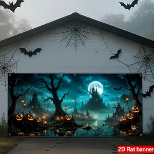 Halloween Garage Banner, Classic Elements Ghost Castle, Pumpkin Lanterns, Durable Polyester Material, Perfect for Party Decorations, Spooky