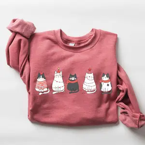 Cute Cat Christmas Sweatshirt, Holiday Cat Lover Gift, Cozy Red Xmas Crewneck, Cat Mom Winter Sweater for Women