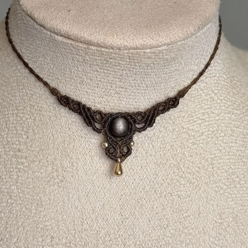 Handmade Macrame necklace with obsidian