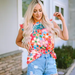 Women's Pink Embroidered Detail Floral Print Ruffle Trim Tank Summer Top