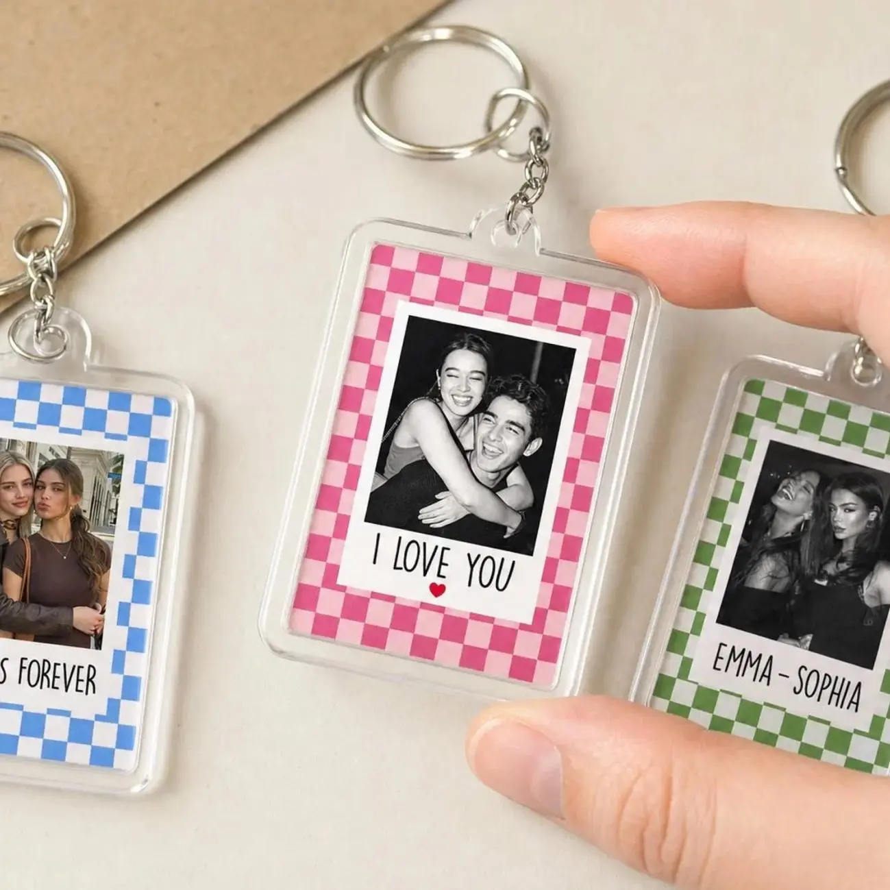 Personalized Checkered Photo Couples Keychain, Custom Besties Photo Keychain, Gift For Boyfriend, Gift For Girlfriend, Anniversary Gift