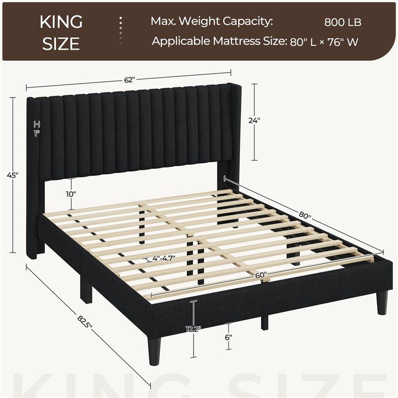 Costoffs Linen Fabric Upholstered Bed Frame Queen with Wood Slat Ventilation 6" Under-Bed Space Easy Assembly