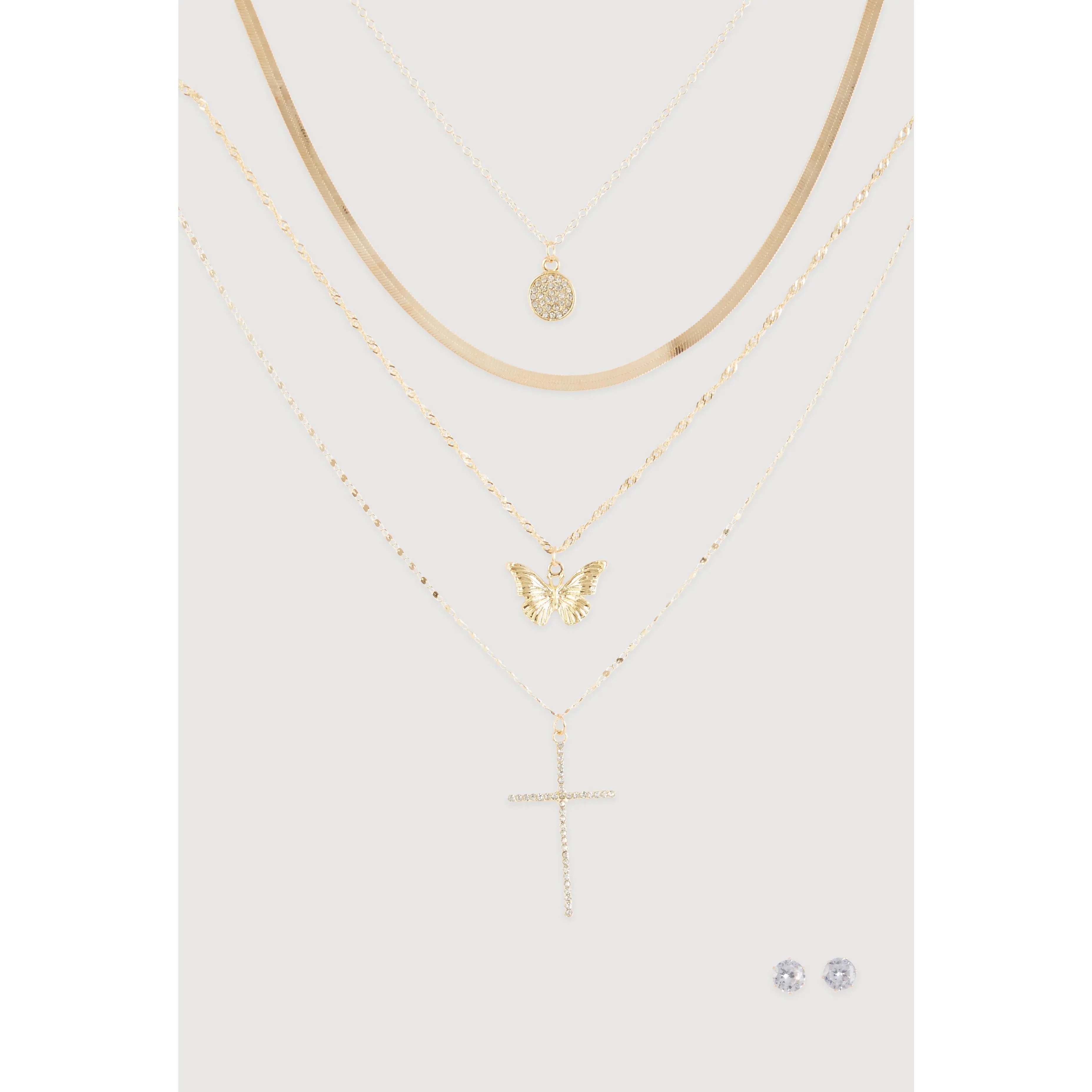 Cubic Zirconia Butterfly Cross Layered Necklace and Stud Earrings