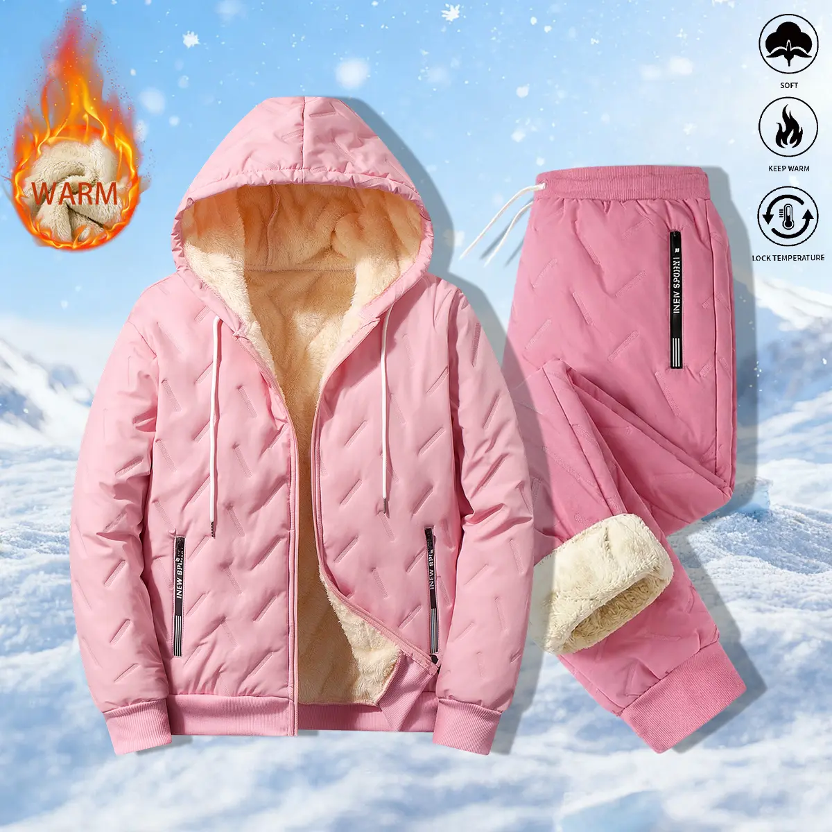Women’s warm set, women’s fleece-lined thick hooded jacket with extended pants, solid color, warm and comfortable, suitable for commuting and everyday wear, women’s set, womenswear