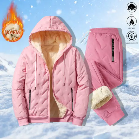 Women’s warm set, women’s fleece-lined thick hooded jacket with extended pants, solid color, warm and comfortable, suitable for commuting and everyday wear, women’s set, womenswear