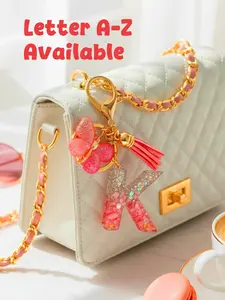 Personalized Bling Monogram Keychain For Women - Resin Letter Charm With Silvery Glitter, Pink Pebble & Gold Star Shaker - Birthday Gifts For Her, Anniversary Present With Pink Tassel & Butterfly Accent Car Accessories Bag Charm School Cute Goth Y2k