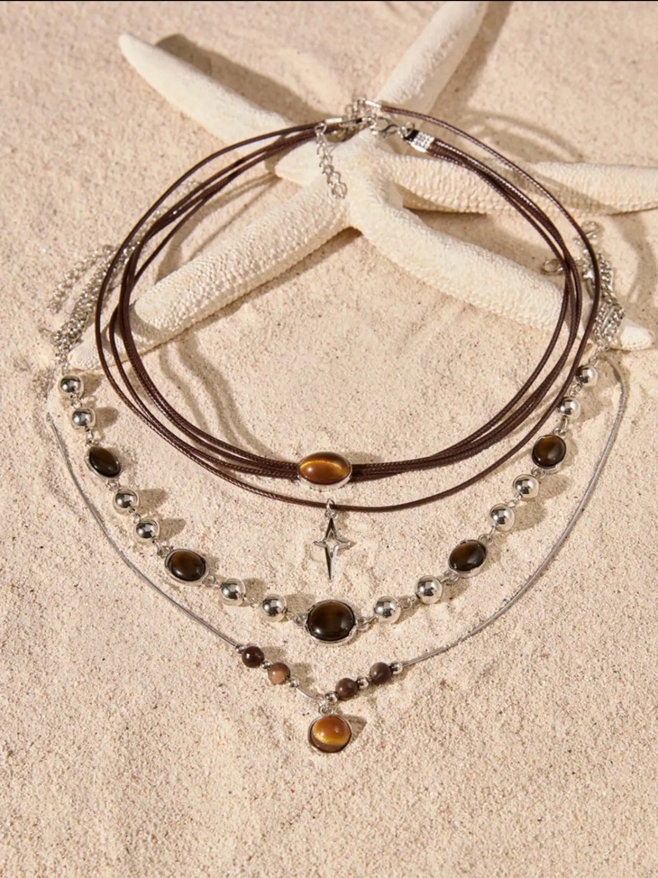 Vintage Leather Quartz Pendant Necklace Set for Women, 4-Piece Layered Collar, Summer & Fall Fashion, Boho Style Jewelry, Adjustable Necklace