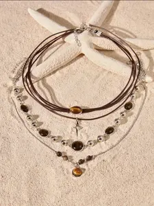 Vintage Leather Quartz Pendant Necklace Set for Women, 4-Piece Layered Collar, Summer & Fall Fashion, Rural Style Jewelry, Adjustable Necklace