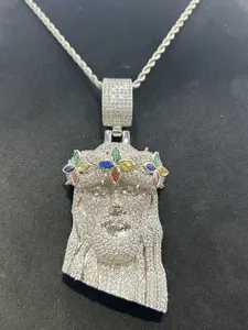 Hip Hop Iced Out Jesus Fashion Necklace for Men Women - 14K White Gold Plated Full CZ Diamond Jesus Face Pendant with Multicolor Gem Crown, Sparkly Cubic Zirconia Religious Christian Jewelry, Rapper Style Gift Pendant Necklaces
