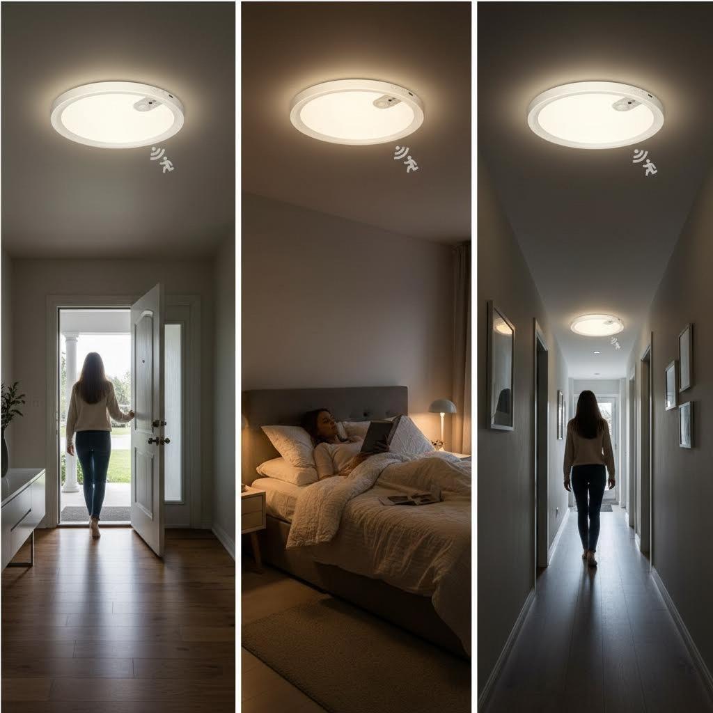 Rechargeable LED motion sensor ceiling light, dimmable closet light with three color temperatures and remote control, wireless battery-operated flush mount ceiling lamp for hallway, closet, stairway, garage, pantry