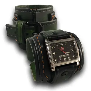 Forest Green Stressed Layered Leather Cuff Watch Black Buckle