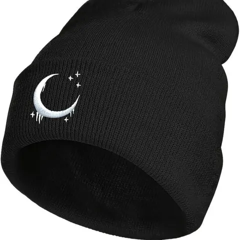 Unisex Cozy Beanie Hats - Warm Thermal Knit Skull Caps with Crescent Moon & Stars Embroidery, Gothic Romance Art Skull Design, Winter Casual Fashion Accessory for Warmth, Embroidery Trendy Hat