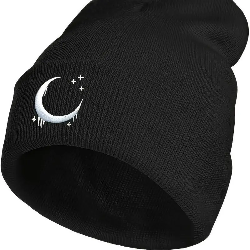 Unisex Cozy Beanie Hats - Warm Thermal Knit Skull Caps with Crescent Moon & Stars Embroidery, Gothic Romance Art Skull Design, Winter Casual Fashion Accessory for Warmth, Embroidery Trendy Hat