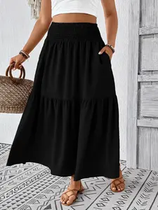 Plus Size Boho High Waist Floral Layered Long Skirt, Flowy Midi Dress with Elastic Waistband, Perfect for Summer Fashion