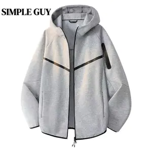 Trendy brand men’s hooded sweatshirt cardigan for spring/autumn, stretch air cotton fabric, solid color, zip closure, sporty casual outerwear for teens