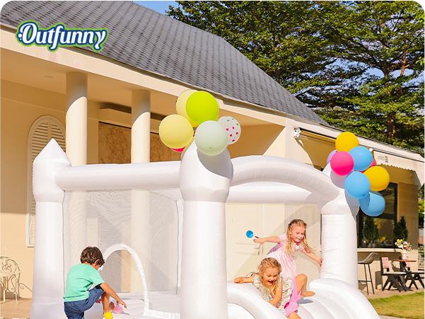 Outfunny White Bounce House with Slide, Inflatable Bouncy House for Kids 3-8 w/Ball Pit, Outdoor & Indoor, Bounce Area 8'x8', Capacity 400 lb